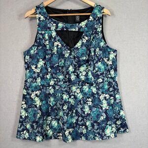 Torrid Womens Plus Size 2 Sleeveless Peplum Blouse Top Cutout Floral Blue Teal